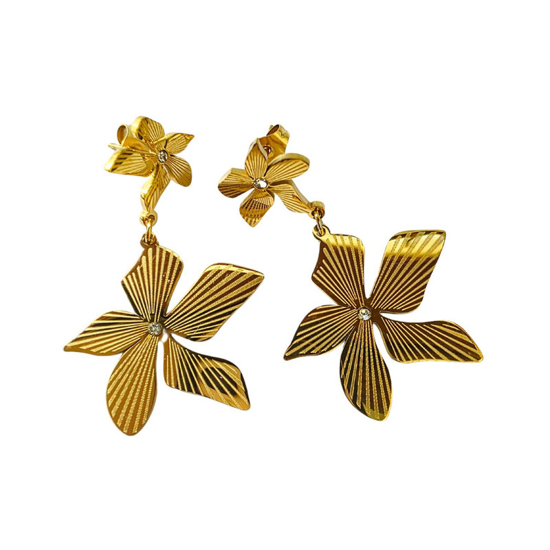 Gold-Plated Floral Drop Earrings with Textured Design - Image 3