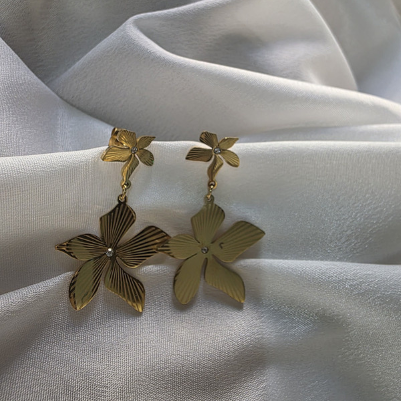 Gold-Plated Floral Drop Earrings with Textured Design - Image 5