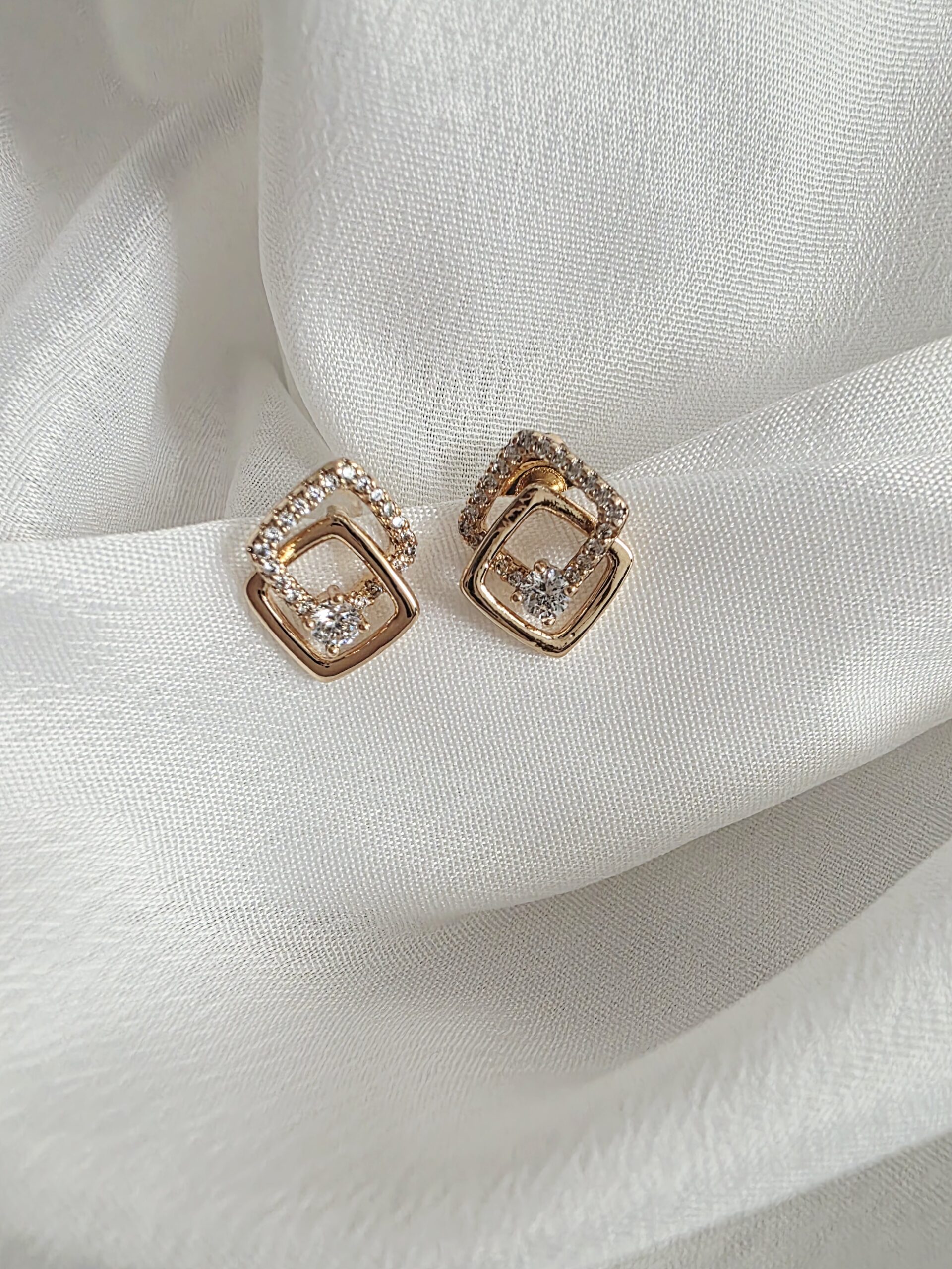 Golden Geometric Sparkle Stud Earrings - Image 2