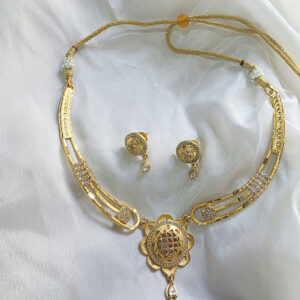 Gold-Plated Necklace & Earring Set with Floral Pendant and CZ Embellishments
