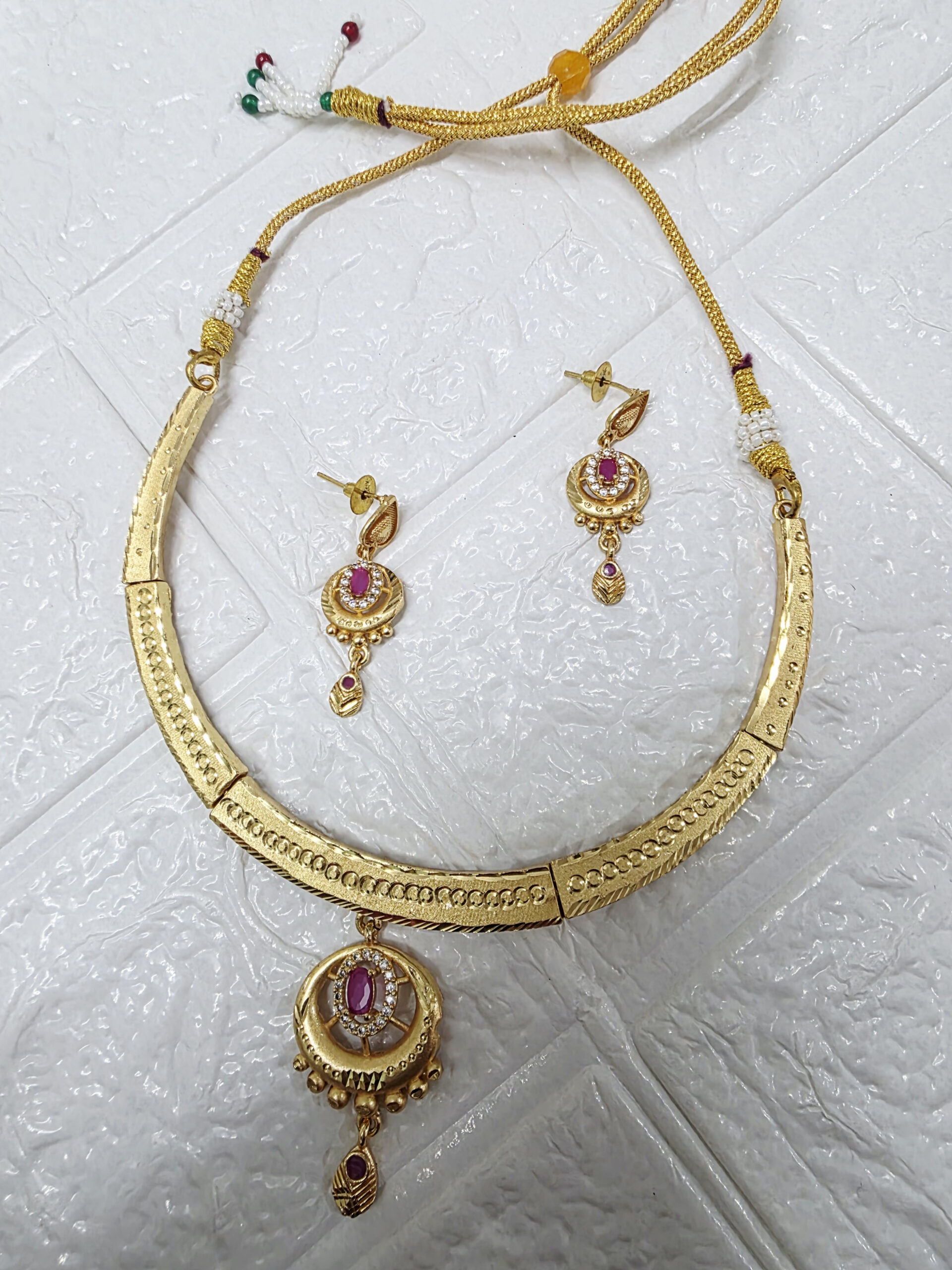 Gold-Plated Necklace & Earring Set with Ruby-Colored Stones - Image 4