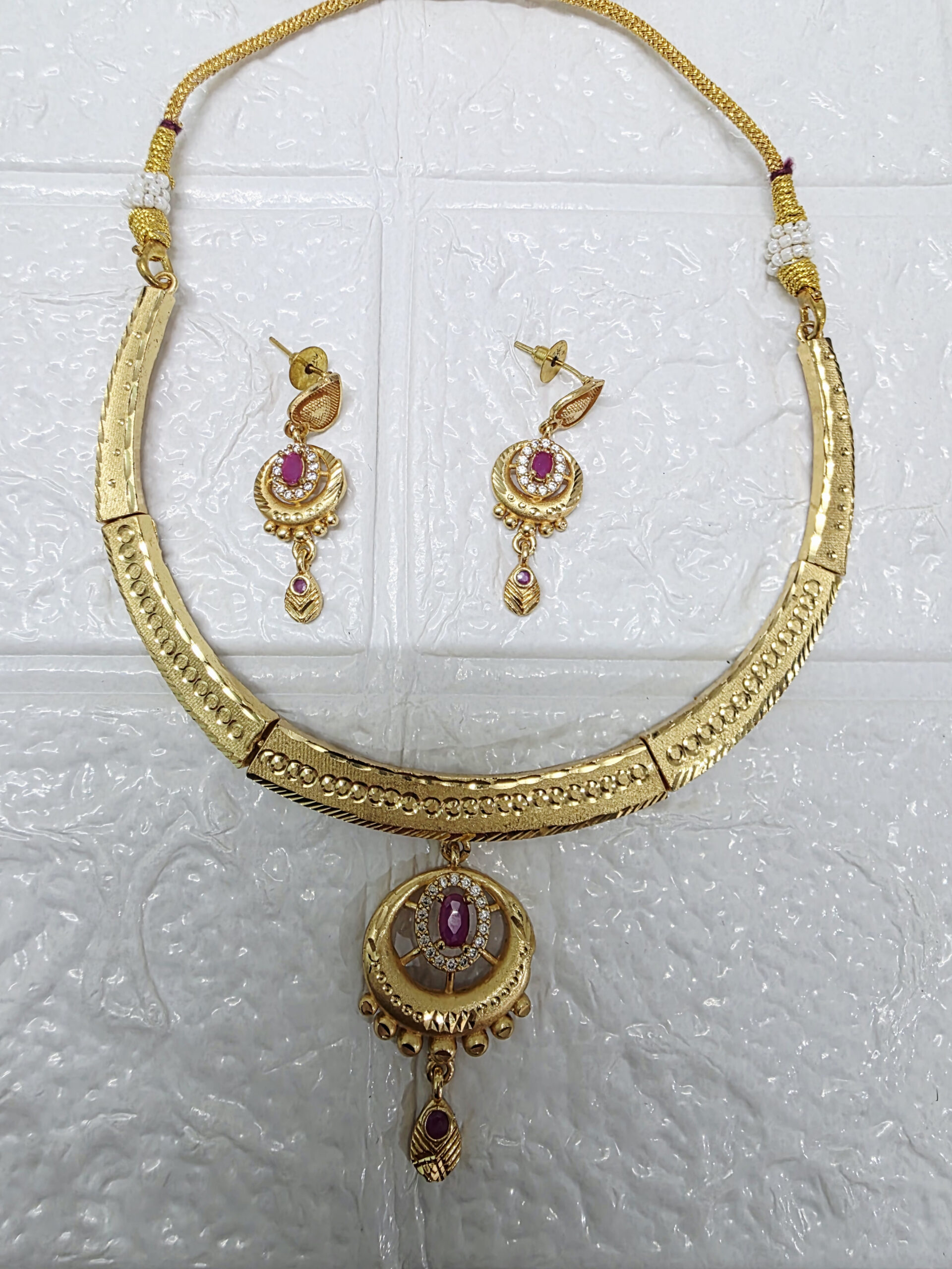 Gold-Plated Necklace & Earring Set with Ruby-Colored Stones - Image 3