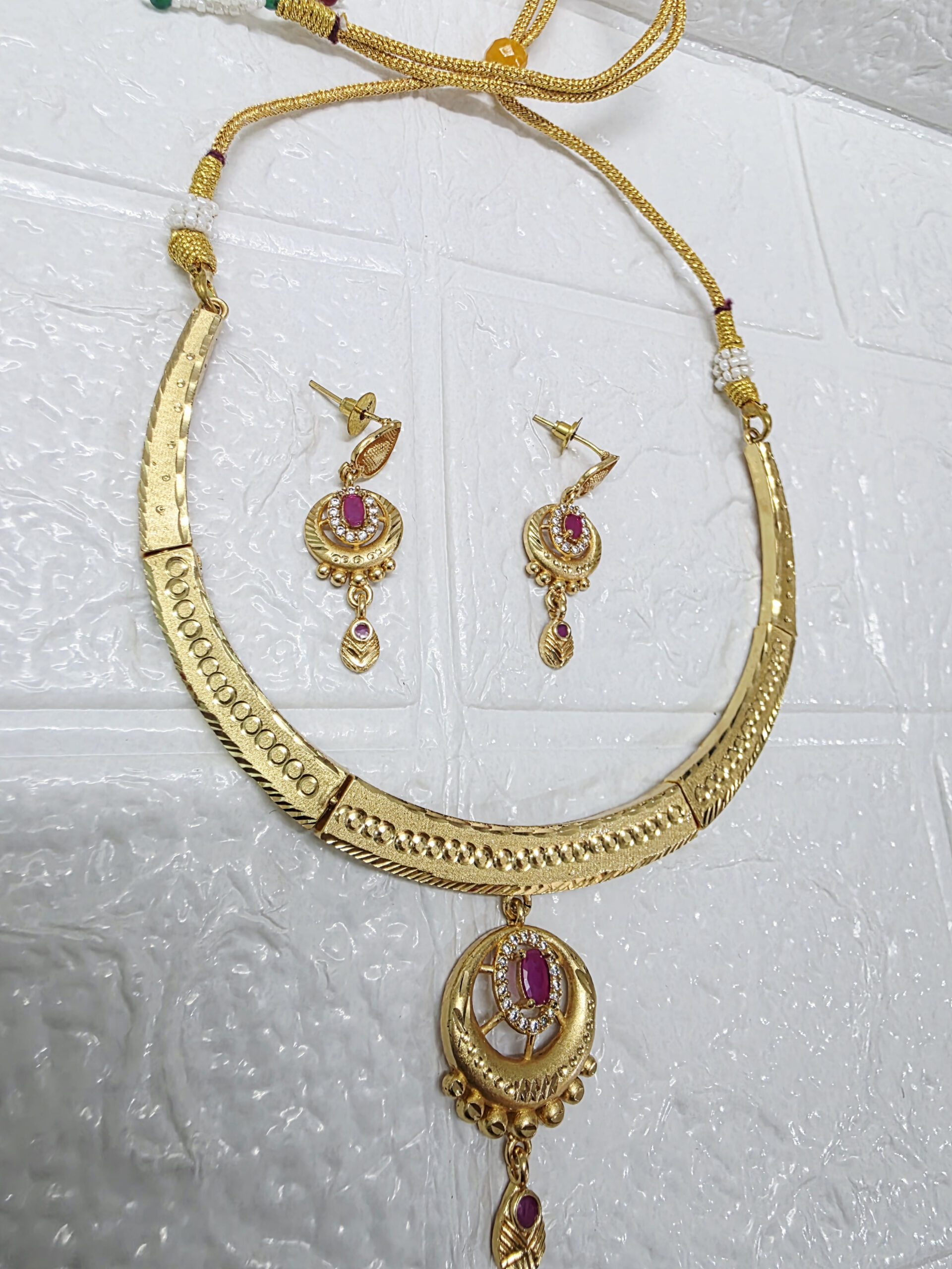 Gold-Plated Necklace & Earring Set with Ruby-Colored Stones - Image 2