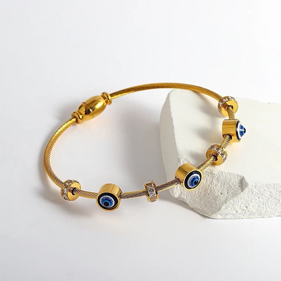Gold Plated Evil Eye Charm Bracelet with Crystal Accents