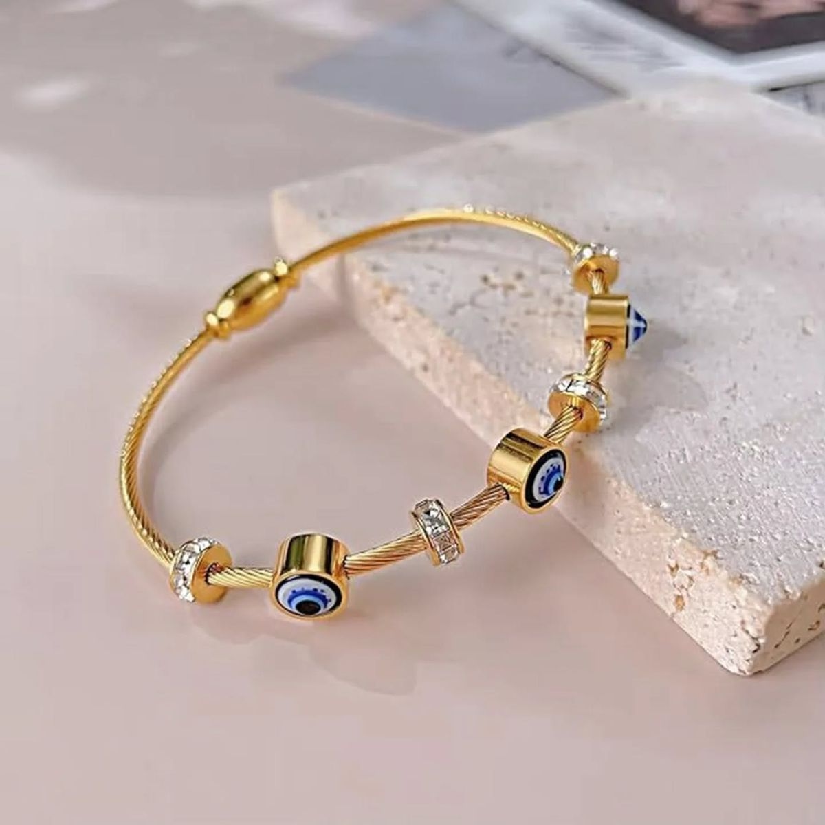 Gold Plated Evil Eye Charm Bracelet with Crystal Accents - Image 4