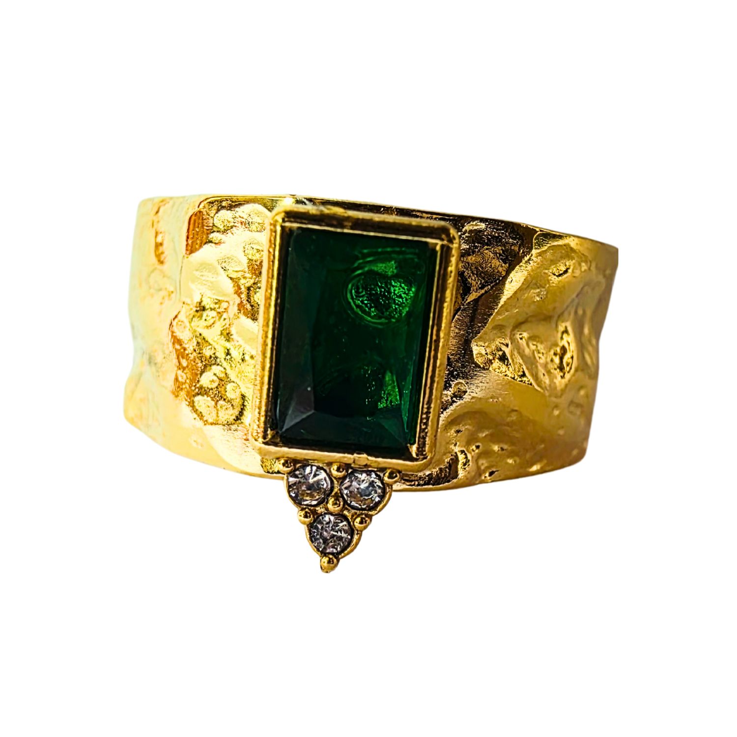 Emerald Glow Adjustable Ring with Textured Gold Band - Image 2