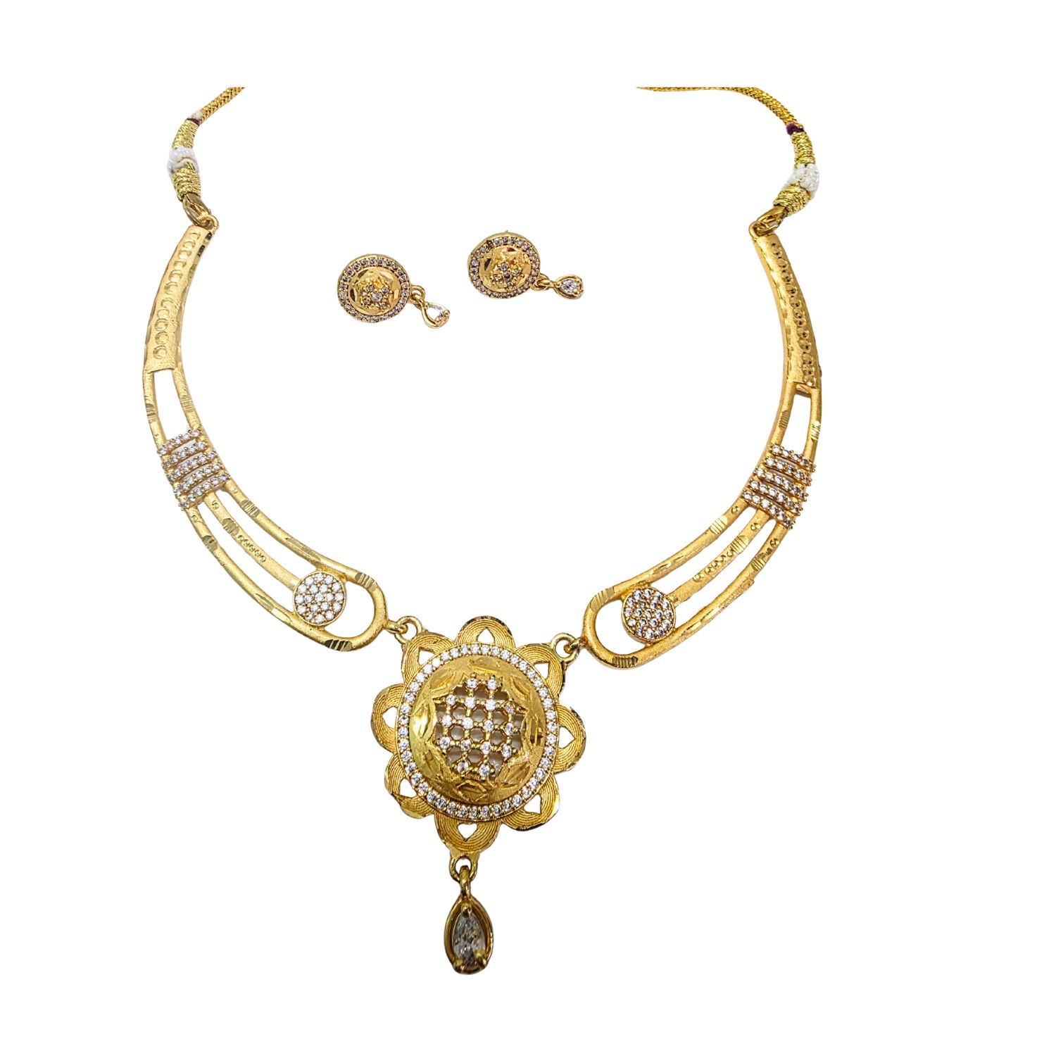 Gold-Plated Necklace & Earring Set with Floral Pendant and CZ Embellishments - Image 5