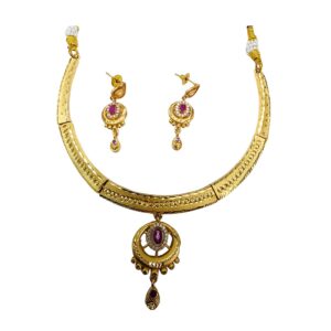 Gold-Plated Necklace & Earring Set with Ruby-Colored Stones