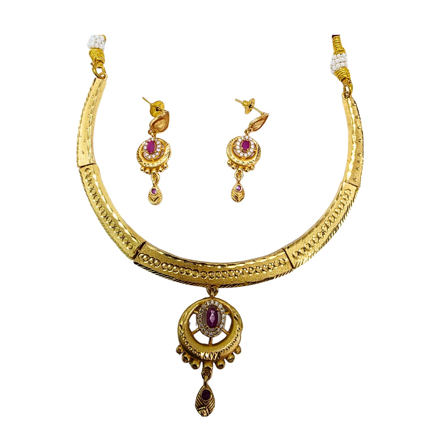 Gold-Plated Necklace & Earring Set with Ruby-Colored Stones
